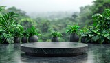 Circle podium in tropical forest for product presentation Behind is a view of the sky.  