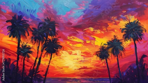 A vibrant sunset painting showcasing fiery hues of orange, pink, and purple streaked across the sky as palm trees sway gently in the warm evening breeze. © ANNY