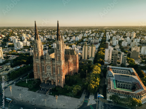 Cathedral of Jesus, La plata, aerial top view on rooftop. Church architecture on sunset photo