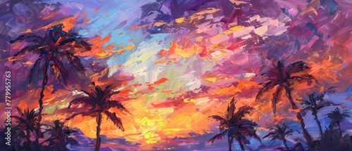 A vibrant sunset painting showcasing fiery hues of orange, pink, and purple streaked across the sky as palm trees sway gently in the warm evening breeze. #779955763