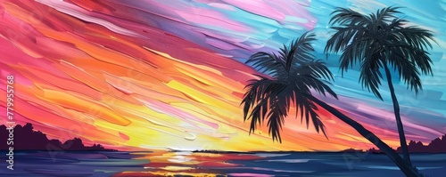 A vibrant sunset painting showcasing fiery hues of orange, pink, and purple streaked across the sky as palm trees sway gently in the warm evening breeze.