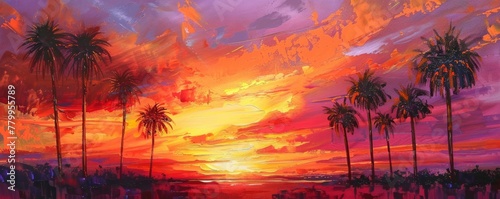 A vibrant sunset painting showcasing fiery hues of orange, pink, and purple streaked across the sky as palm trees sway gently in the warm evening breeze.