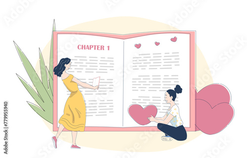 Book lovers women. Young girls standing near lage textbook or fiction. Love for literature and reading. Education and learning. Doodle flat vector illustration isolated on white background