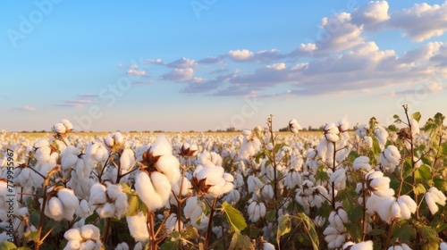 Sunlit summer field with mature cotton plants