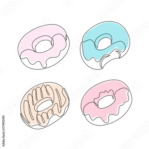 Continuous one line drawing of colorful donuts isolated on white background