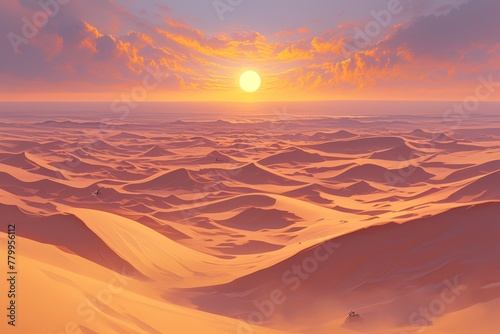 An endless desert with sand dunes stretching as far to the horizon, dust swirling in the air under a setting sun. 