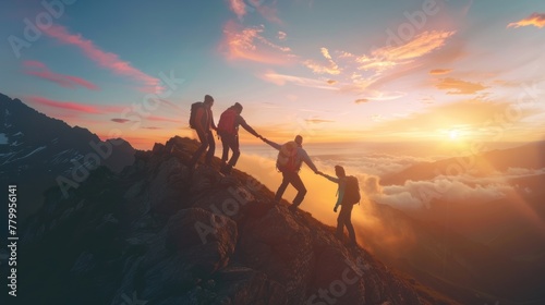 Group of people on peak mountain climbing helping team work