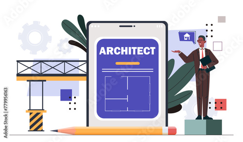 Building project concept. Man standing near blueprint. Construction and engineering. Architet with plane of building. Builder with pencil. Cartoon flat vector illustration isolated on white background