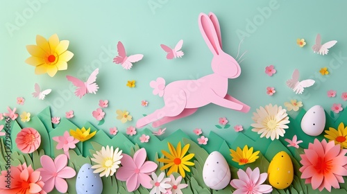 A white rabbit is leaping through a colorful field of blooming flowers and eggs, surrounded by lush green grass and vibrant petals, creating a beautiful and whimsical scene AIG42E