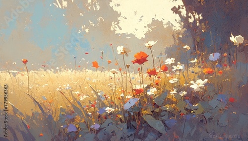 An impressionist painting of wildflowers in a meadow, including red poppies and white daisies