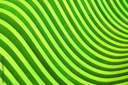 Bright green curved wooden slats. Abstract background. Decorative design for finishing facades and interiors.