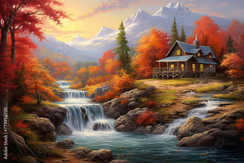 An HD-captured image presenting a realistic depiction of a captivating painting that features a mountainous backdrop, a cozy cabin, and a meandering stream, all adorned with the vibrant colors of autu photo