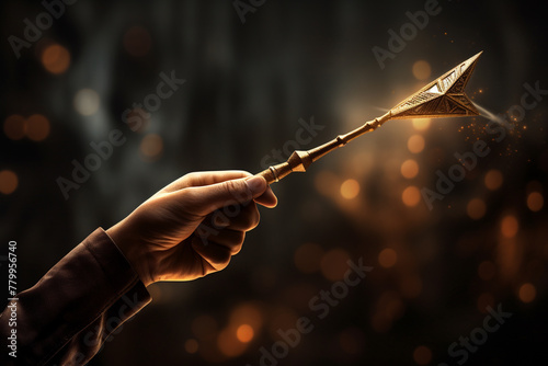 An HD-captured image presenting a realistic depiction of a hand holding a rising arrow, representing the concept of business growth and prosperity, with attention to detail and a balanced composition. photo
