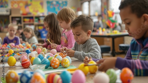 A toddler is sitting at a table happily painting Easter eggs, showcasing his adaptation skills and having fun in a leisure activity. His smile shows he is enjoying the recreation time AIG42E
