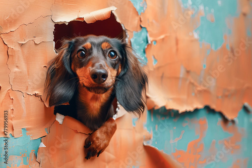 Cute long-haired black and red dachshund peeking out of a hole in a shabby wall. Copy space.