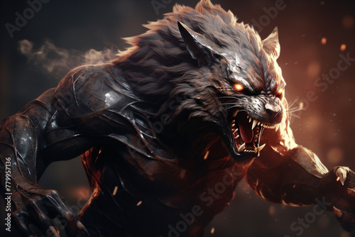 An HD-captured image showcasing a realistic depiction of a tough  mean  and muscular wolf character or sports mascot in a dynamic fighting pose  emanating strength and ferocity.