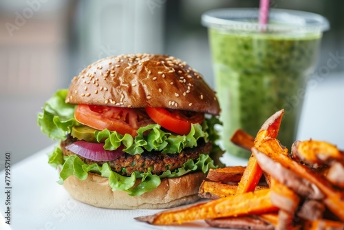 Delicious veggie burger with fresh lettuce and tomato served with sweet potato fries