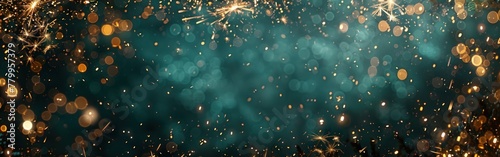 Golden New Year s Eve Party Background with Sparklers  Bokeh Lights  and Empty Frame on Dark Green Night Sky Texture