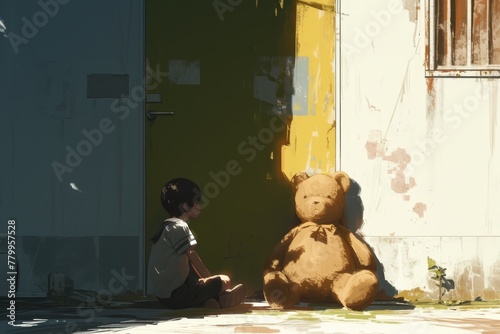 In the dark room, there is an empty space on one side where you can see a child sitting. Next to him sits his teddy bear. It's like they were alone in that place.  © Photo And Art Panda