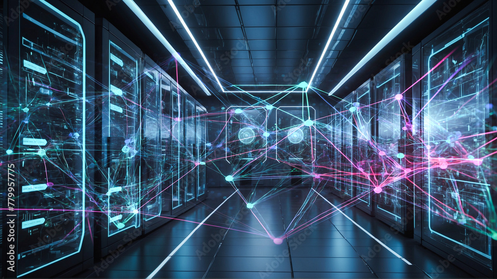 Fototapeta premium Futuristic server room with digital neural network double exposure. Central data storage area, network connection, and data center with neon lights. AI Generated
