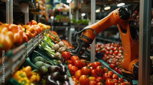A robotic arm sorting and grading produce, showcasing the technology's ability to improve efficiency and reduce waste,