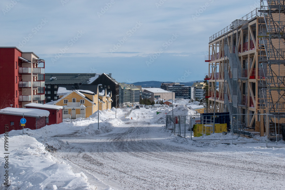 Obraz premium KIRUNA, LAPLAND SWEDEN - APRIL 3, 2024: Kiruna new city center. New residential area close to Kurravaaravagen.