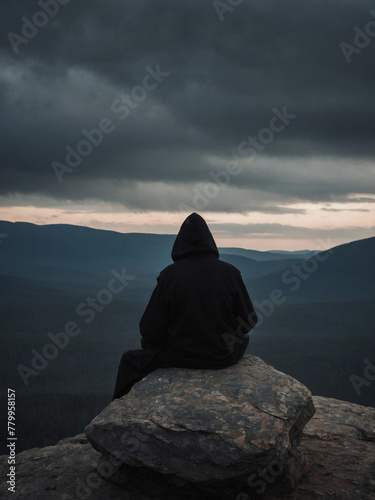 Enigmatic individual donning a dark hooded hat, seated contemplatively on a solitary rock amidst the wilderness.