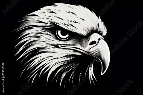 An isolated black and white vector-style face of an eagle with a solid background, resembling an HD photograph.