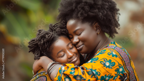 Happy african mother hugging her adult daughter - Teenage girl and mom having tender moment - Models by AI generative