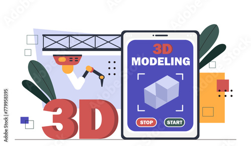 Designer 3d modeling concept. Earnings online for graphic desigers and freelancers. Design studio. Application and software, program. Cartoon flat vector illustration isolated on white background photo