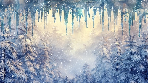 an enchanting scene with a border of glistening icicles against a frost-kissed forest backdrop.