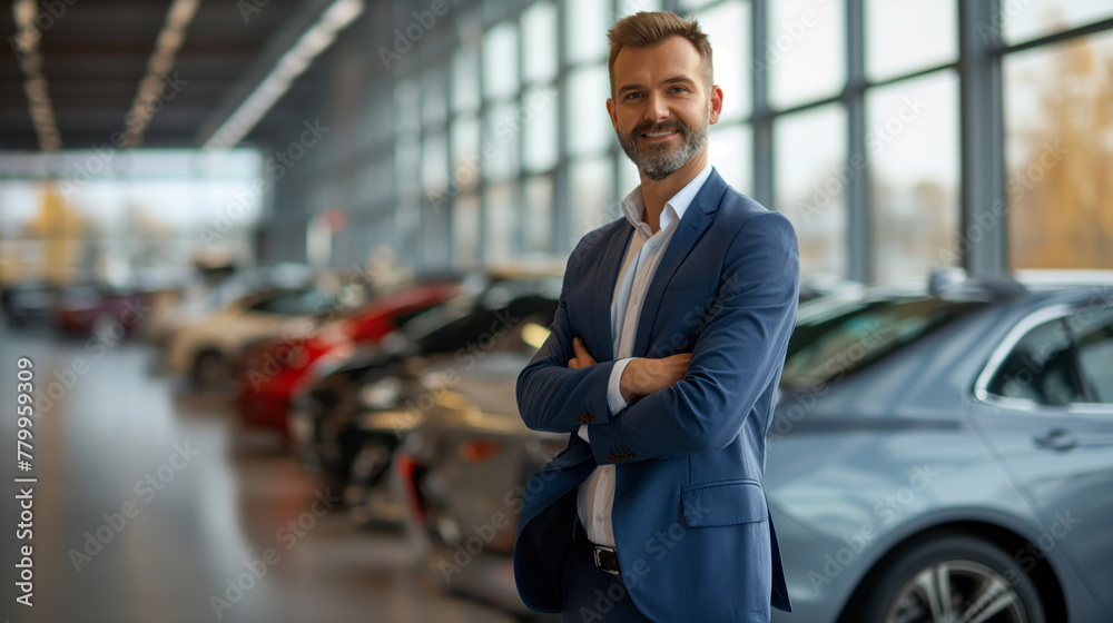 A smiling man manager in a suit with arms crossed stands confidently in a car dealership showroom