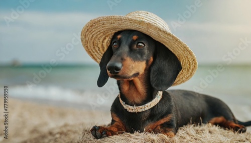  dachshund in a straw hat resting on the beach