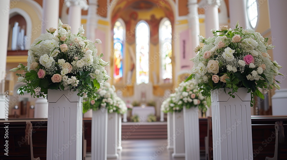 Bright chapel with white pews lined with vibrant floral arrangements, ready for a wedding ceremony