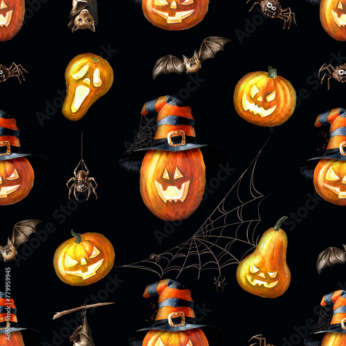Happy Halloween Pumpkin lantern seamless pattern. Hand drawn watercolor illustration on dark background