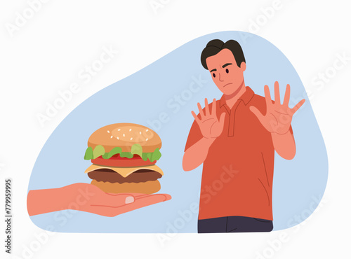 Young man showing a negative gesture and stop to the fast food. Burger on hand. Vector cartoon flat style illustration