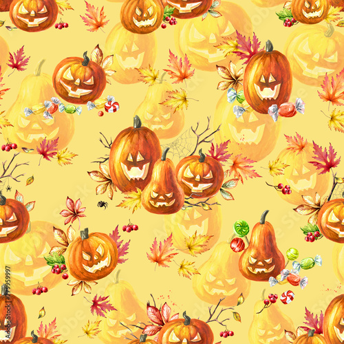 Happy Halloween Pumpkin seamless pattern. Hand drawn watercolor illustration