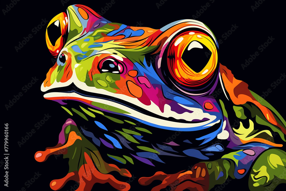 Black and white vector-style face of a frog isolated on a solid background.