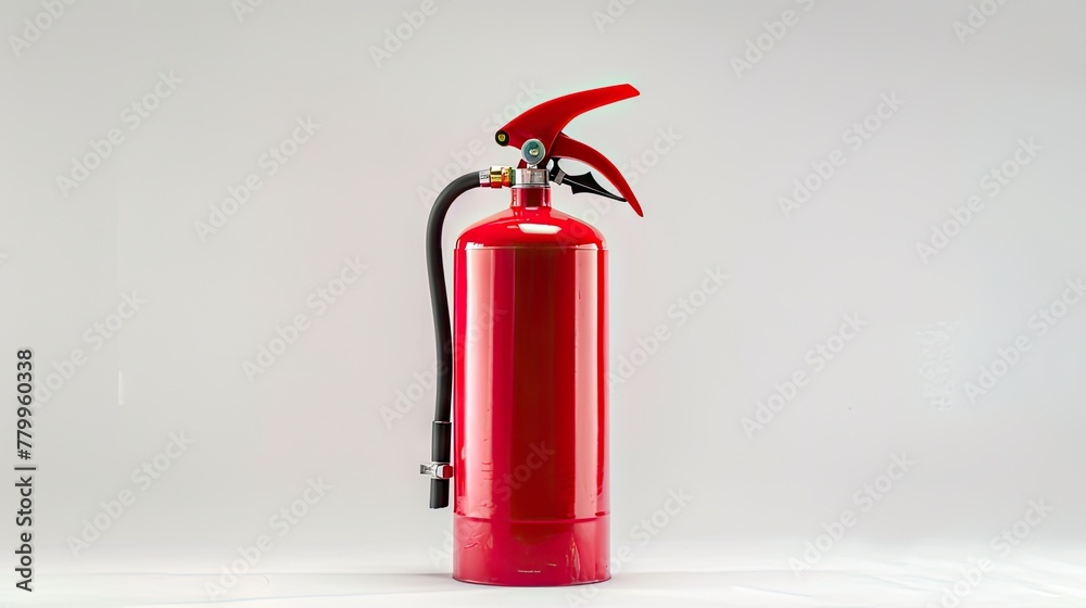 Safety first: Red fire extinguisher stands ready on white background, ensuring protection and peace of mind against fire hazards Safety first: Red fire extinguisher stands ready on white background, ensuring protection and peace of mind against fire hazards