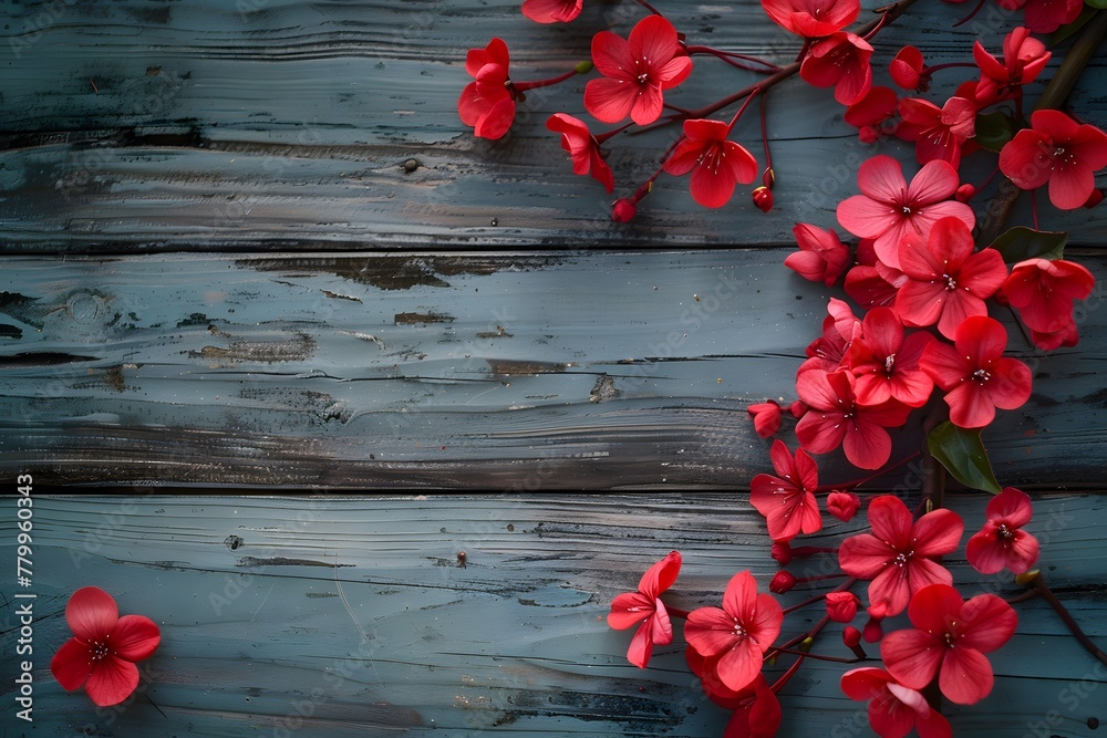 Red flowers on a old wooden background