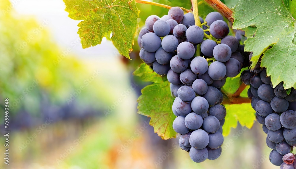 Close-up of bunches of ripe red wine grapes on vine in fall, vineyard, wine banner background concept