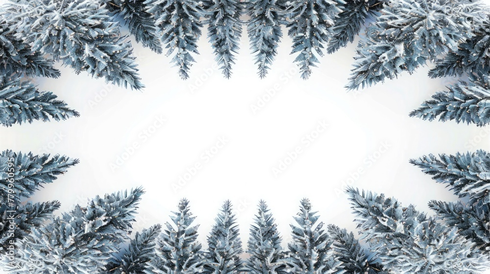 a winter wonderland with a border of majestic pine trees against a snowy white background.