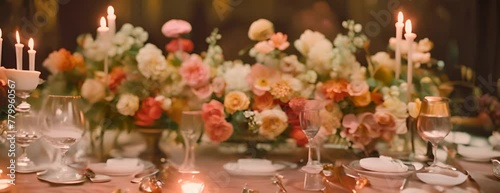 close up of wedding reception table setting with flower arrangements 4K Video photo