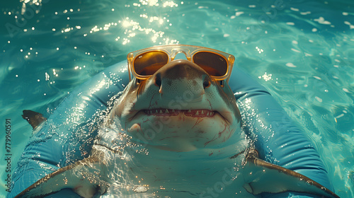 Cute cartoonish pool shark with sunglasses floating in a pool ring in a swimming pool. Hot summer's day. © Inspired