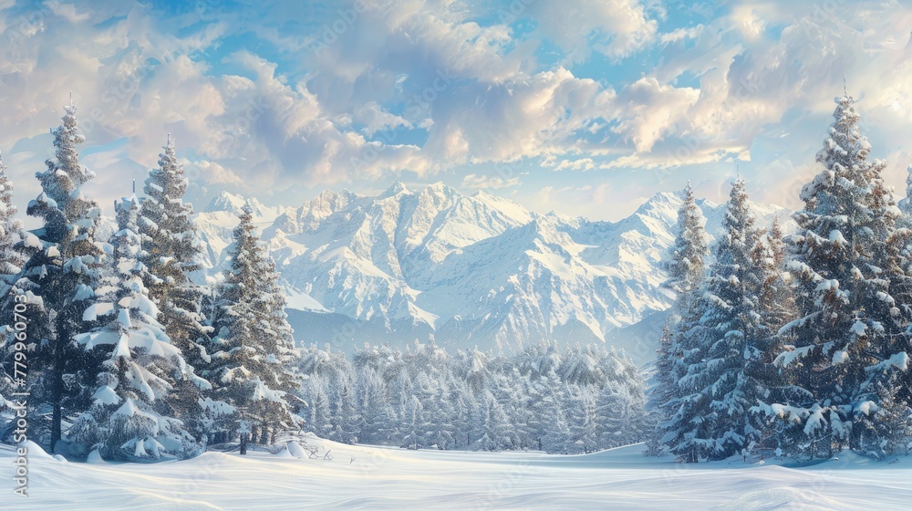 a winter wonderland with a border of majestic evergreen trees against a snowy alpine backdrop.