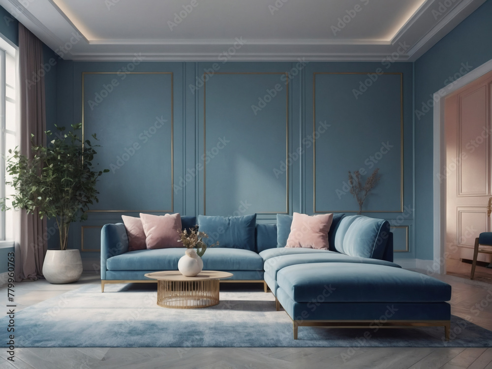 Living room or business hall with light pastel tones. Lounge featuring blue sky paint and velour. Blank wall with navy background and pale loveseat.