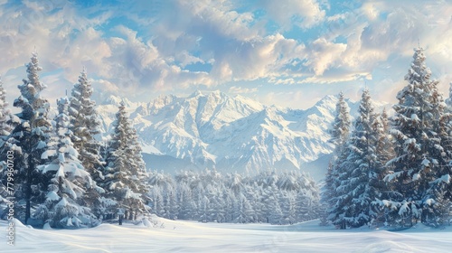 a winter wonderland with a border of majestic evergreen trees against a snowy alpine backdrop. © Shahjahan