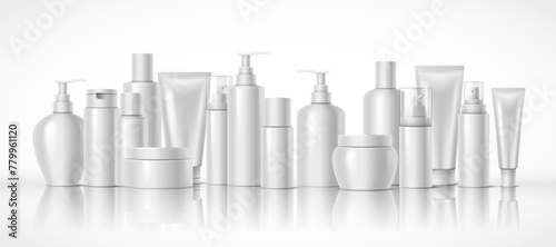 Various cosmetic products packages realistic vector illustration set. Refillable containers with copy space 3d objects on white background