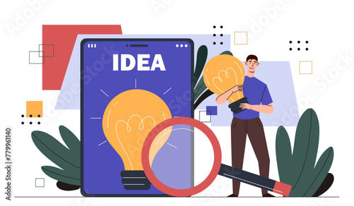 Man with idea concept. Young guy standing with lightbulb in hands. Aspiration and inspiration, creativity and brainstorming. Start up or business project. Cartoon flat vector illustration