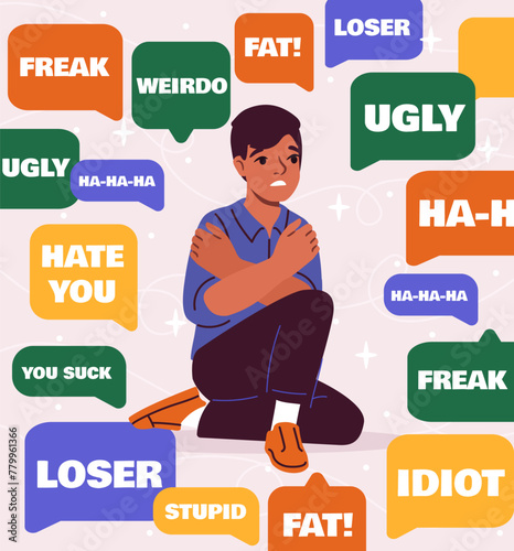 Guy with insulting. Young boy suffer from insults on internet. Cyberbullying. Negative feelings and emotions. Depression and frustration. Cartoon flat vector illustration isolated on pink background